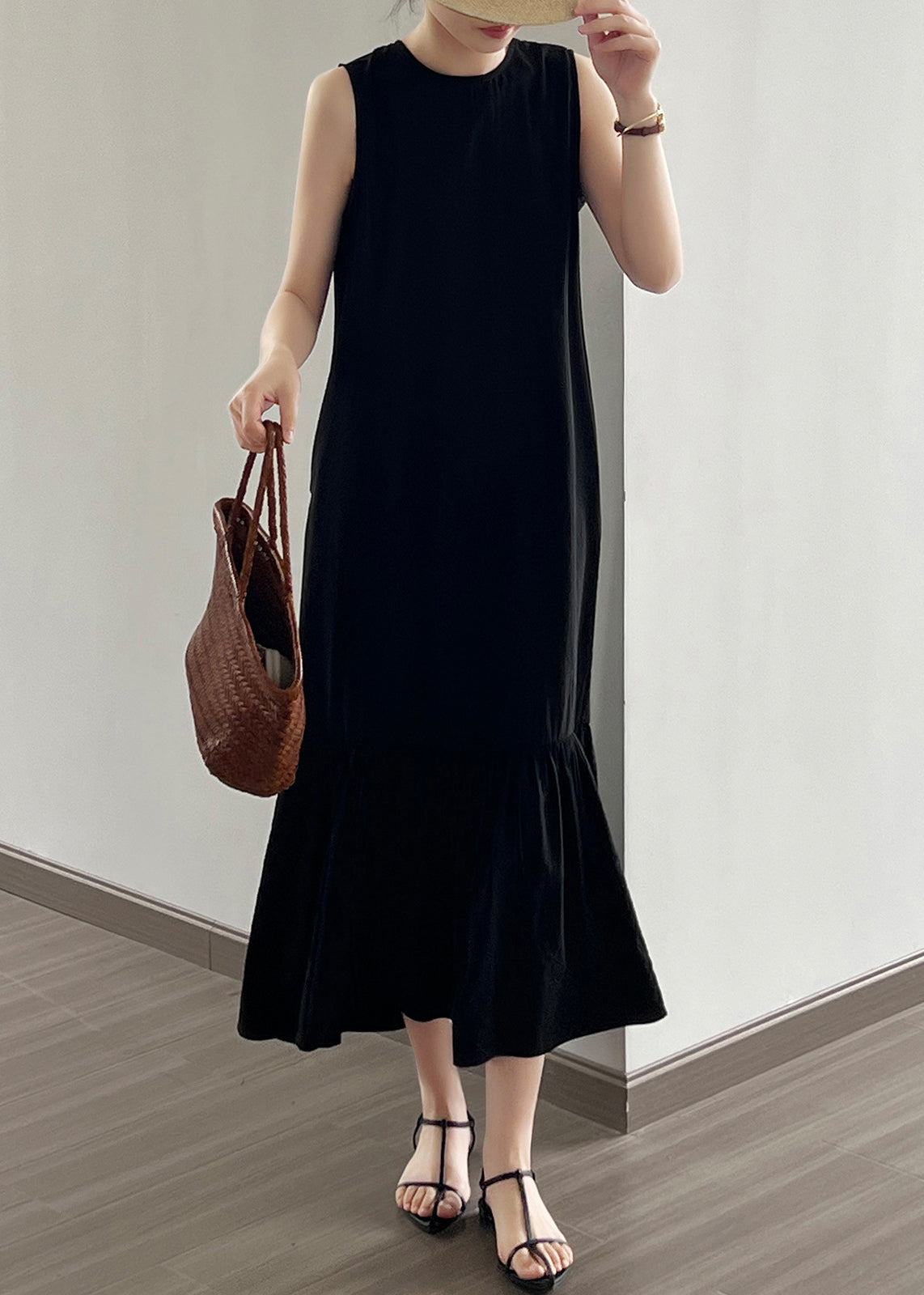 Black Wrinkled Cotton Long Dress O Neck Sleeveless Nn021