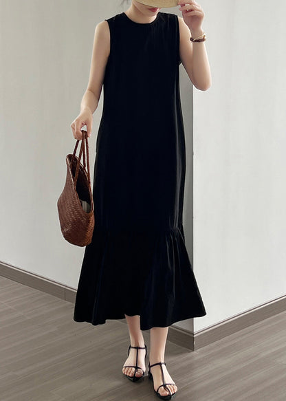 Black Wrinkled Cotton Long Dress O Neck Sleeveless Nn021