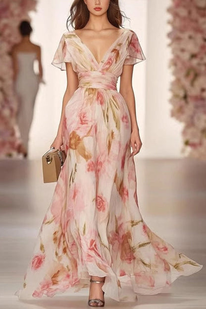 Print V-neck Short-sleeved Waist Maxi Dress