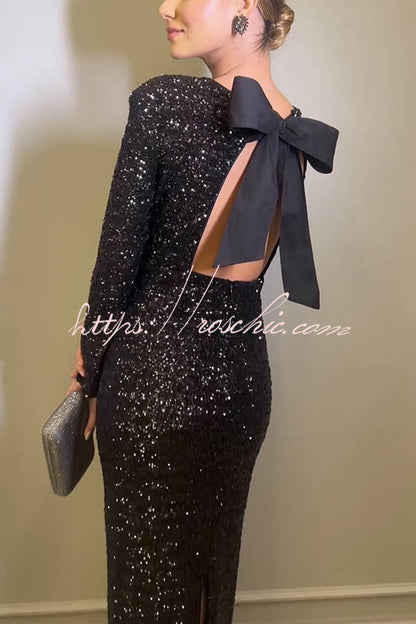 Looking to Party Sequin Padded Shoulder Backless Bow Design Maxi Dress