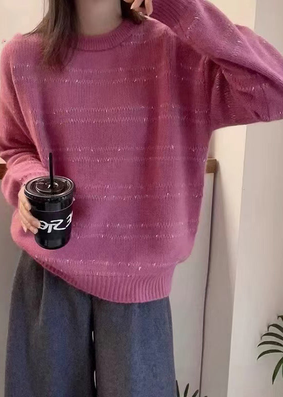 Dark Grey O-neck Striped Wool Knit Sweater Fall Qp020