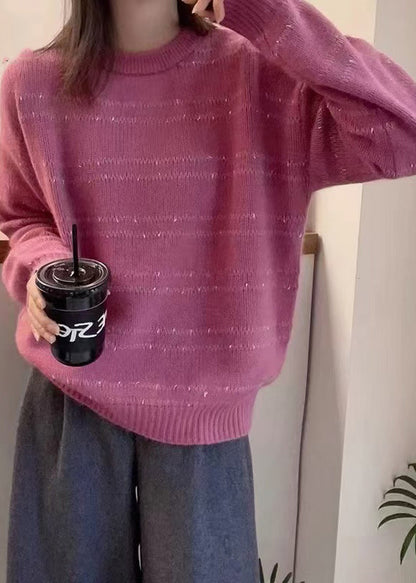 Dark Grey O-neck Striped Wool Knit Sweater Fall Qp020