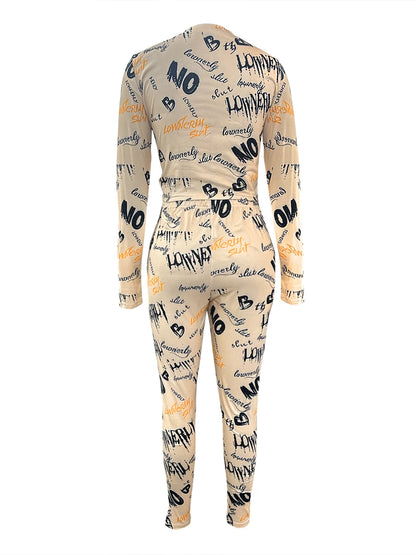 Crop Top Letter Print Skinny Pants Set High Elasticity Round Neck Autumn Winter Two Pieces Matching Suits Outfit
