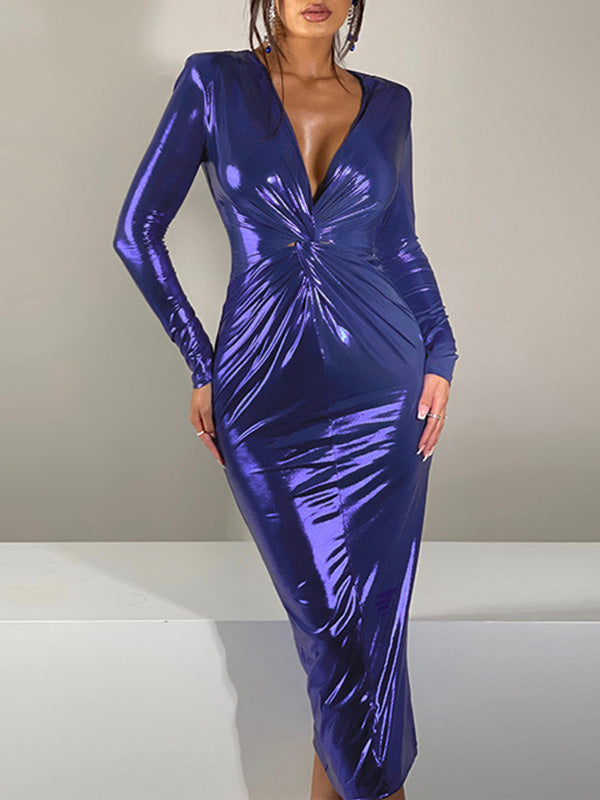 Bodycon Long Sleeves Pleated Shiny Color Split-joint V-neck Midi Dresses