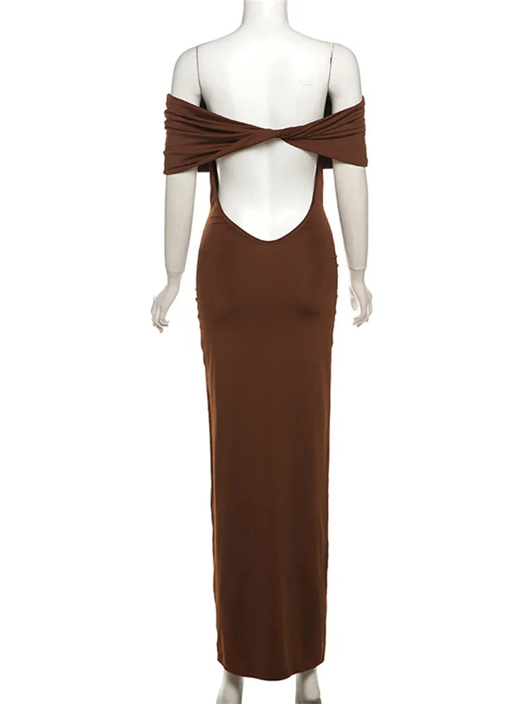 Pleated Off-shoulder Long Dress for Twist Backless Patchwork Party Dress Summer Maxi Dress New