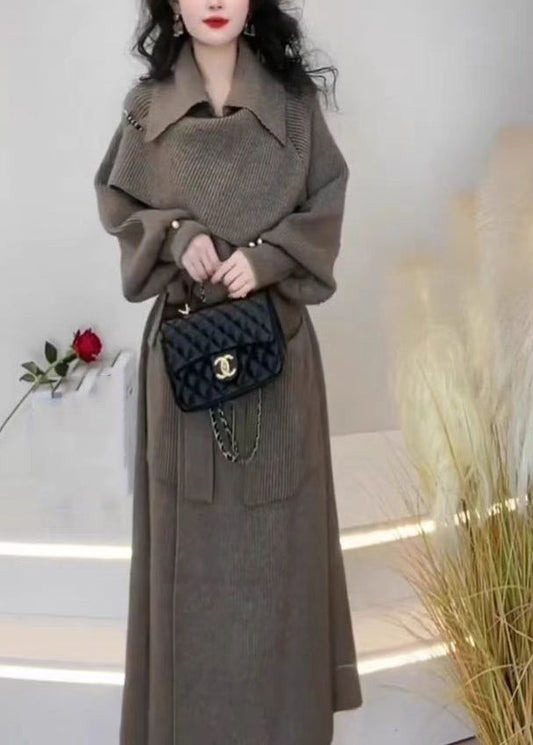 Grey Peter Pan Collar Pockets Tie Waist Knit Long Coats Winter Wd039