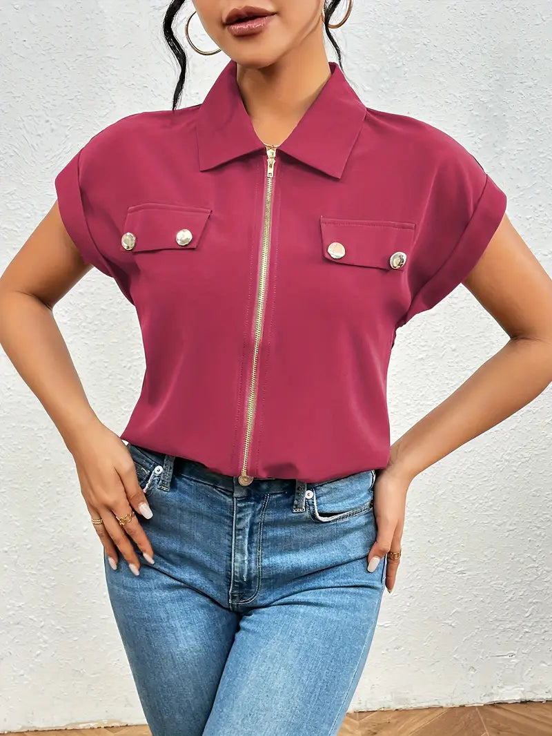 Safira - Zip-front Short Sleeve Blouse