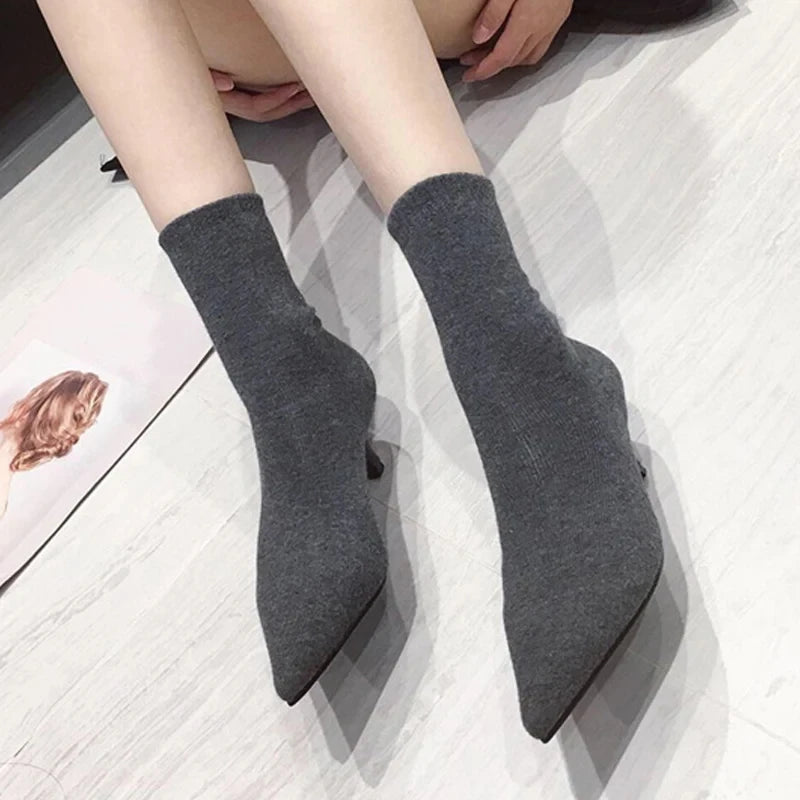 Autumn Winter Cozy Low Thin Heels Knitting Stretch Fabric Ankle Sock Boots Pointed Toe Shoes Botas Mujer