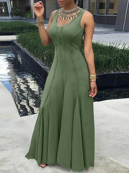 Sleeveless Color Split-joint U-neck Maxi Dresses