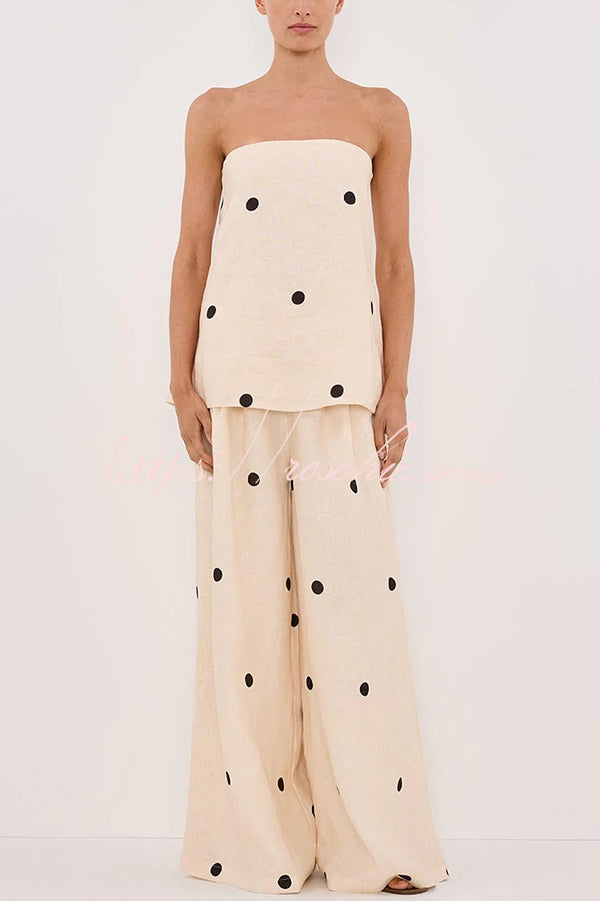 Linen Blend Polka Dot Bandeau Top and Elastic Waist Pocket Wide Leg Pants Set