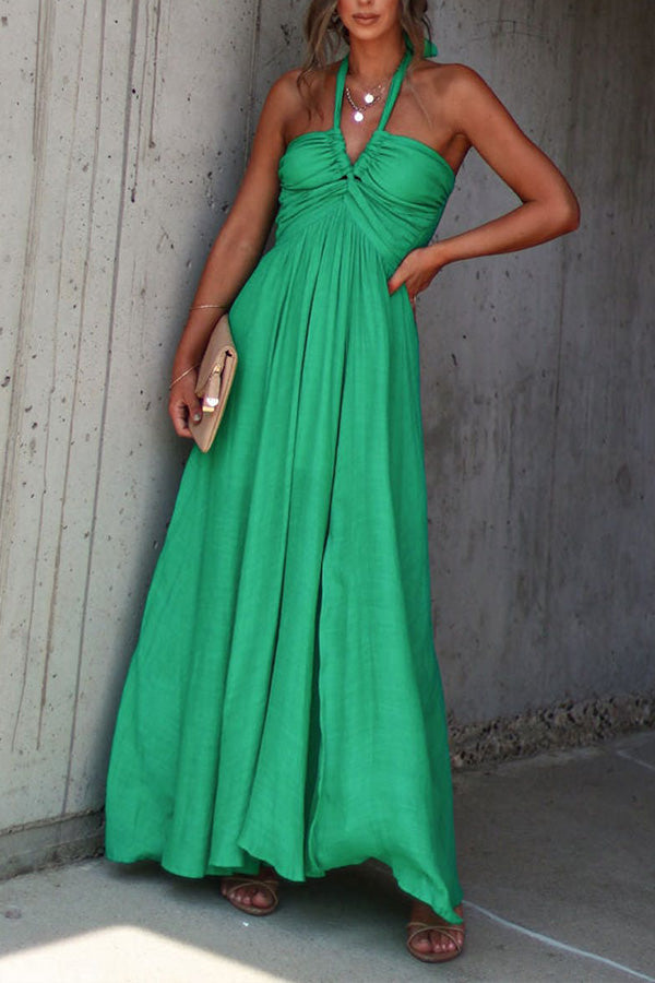 Elmhurst Green Pleated Halterneck Maxi Dress