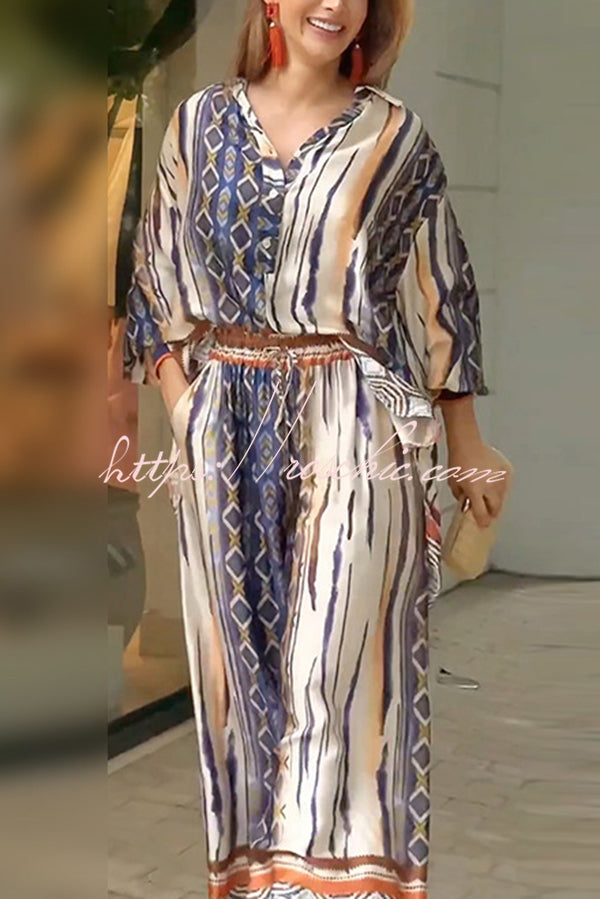 Unique Printed Long-sleeved Shirt Top and Elasticated Waist and Loose Pocket Pants Set