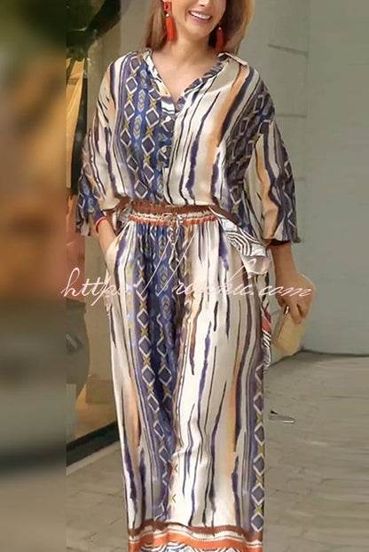 Unique Printed Long-sleeved Shirt Top and Elasticated Waist and Loose Pocket Pants Set