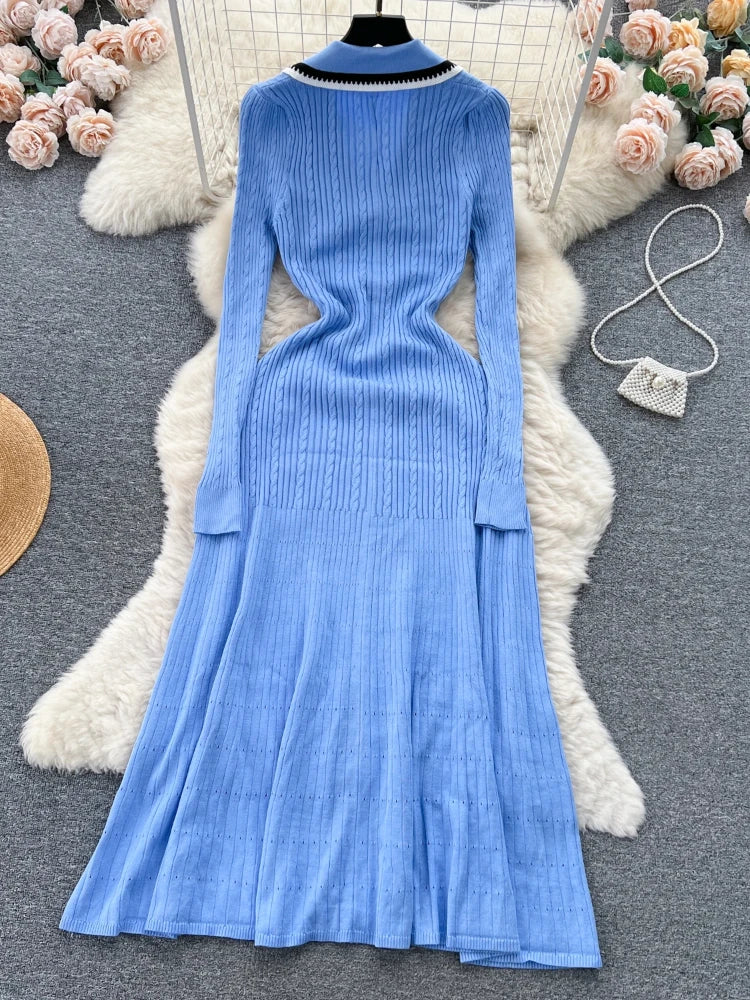Knitted Dress Spring Autumn Long Sleeve V-neck Bodyon Dresses Slim A-line Single Breasted Sweater Robe