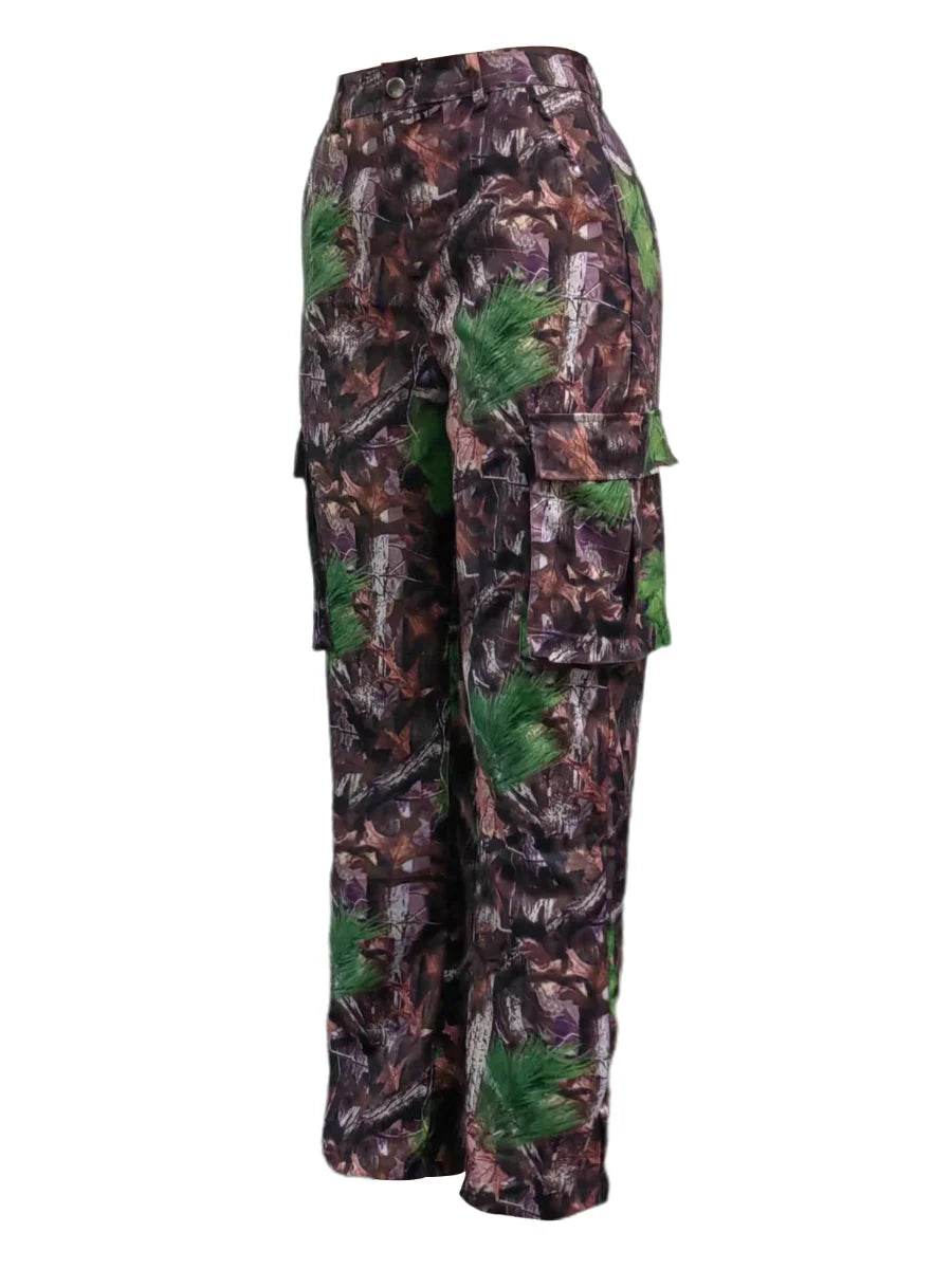 Mid-waist Side Pocket Camo Print Cargo Pants Street Y2k Trousers Print Design Jeans