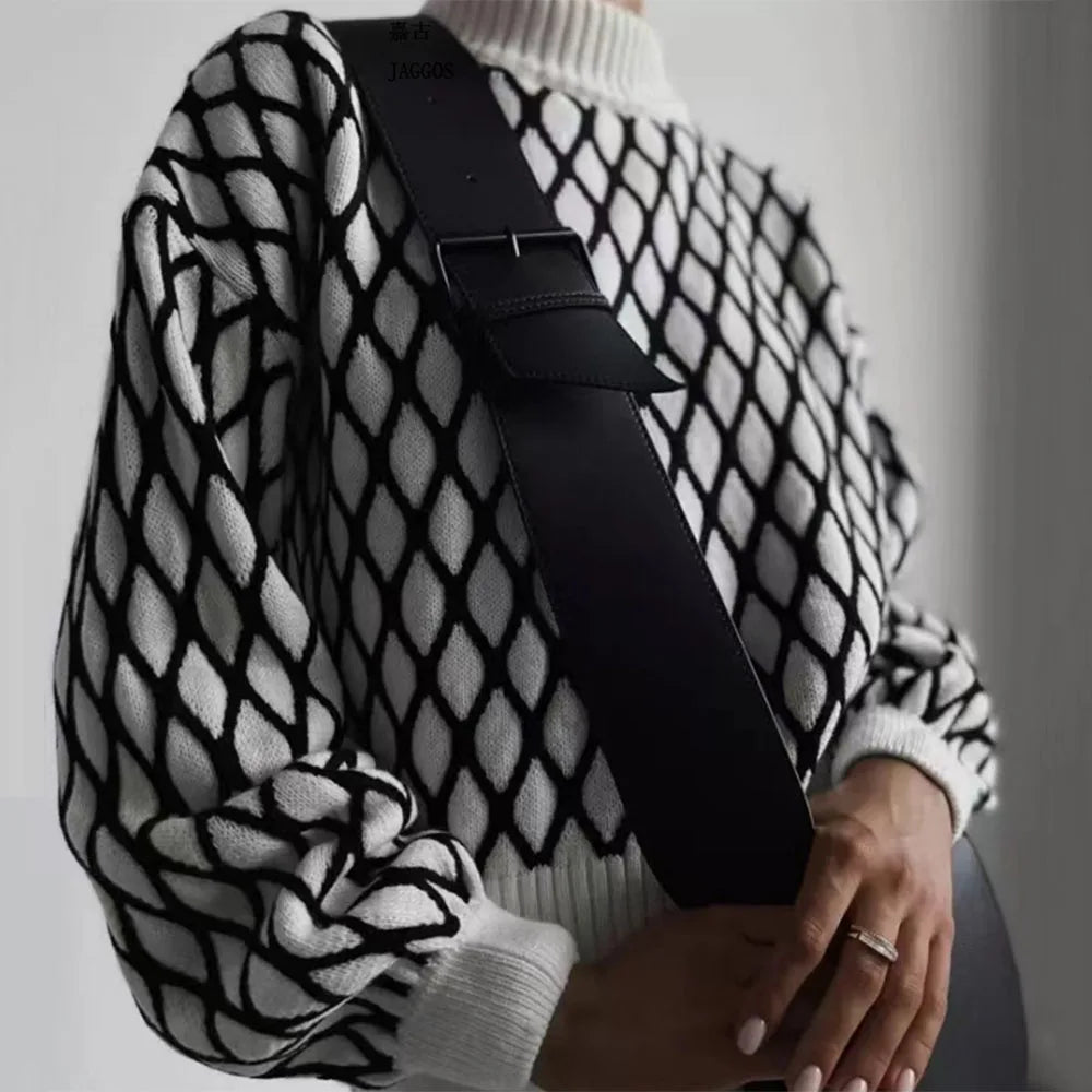Striped Knitted Sweater Slim Loose Turtleneck ’s Tops Autumn Sport Pullover Woman High Neck