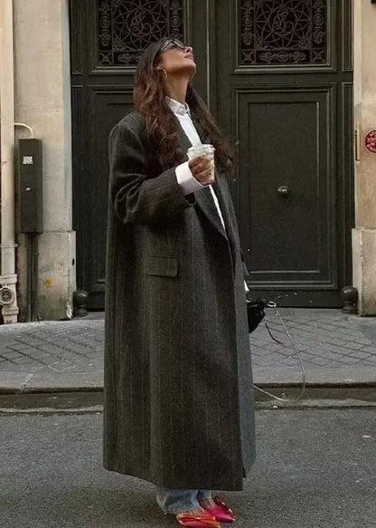 Pinstripe Long Woolen Coat - and Minimalist