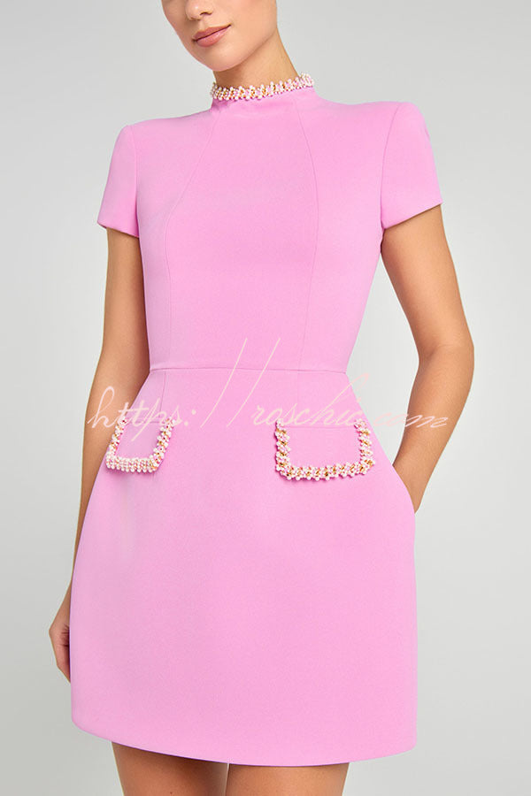 Sweet and Scent Pearl Trim Short Sleeve Pocketed Mini Dress