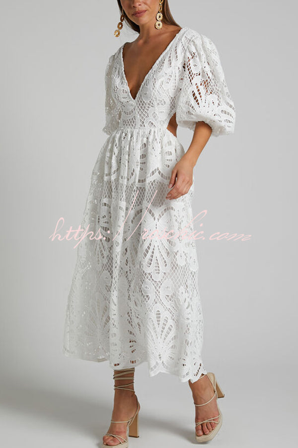 Color V Neck Hollow Lace Waistless Maxi Dress