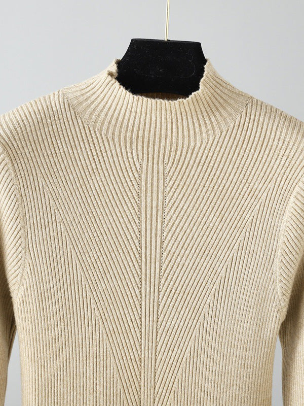 Stylish Long Sleeves High Waisted Pleated Color Half Turtleneck Sweater Dresses
