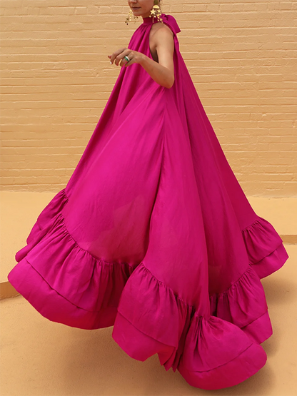 Loose Sleeveless Falbala Color Stand Collar Maxi Dresses