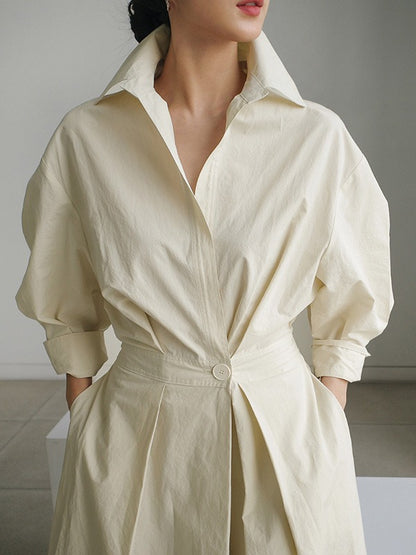 Long Sleeves Loose Pleated Color Split-joint Tied Waist Lapel Midi Dresses Shirt Dress