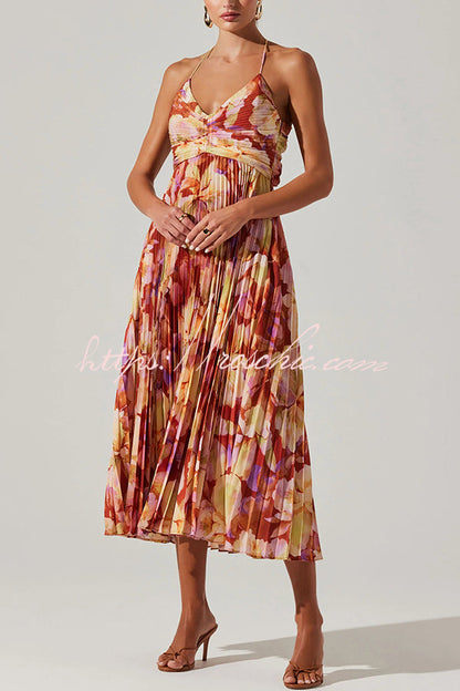 Wedding Party Season Print Pleated Back Tie-up Midi Dress