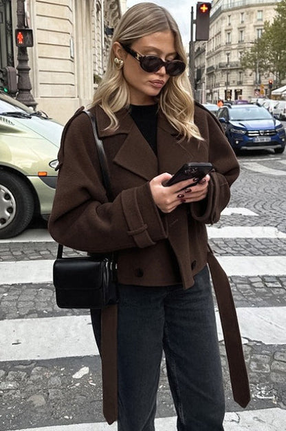 Notch Collar Double-breasted Wool Blend Trench Coat