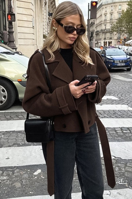 Notch Collar Double-breasted Wool Blend Trench Coat