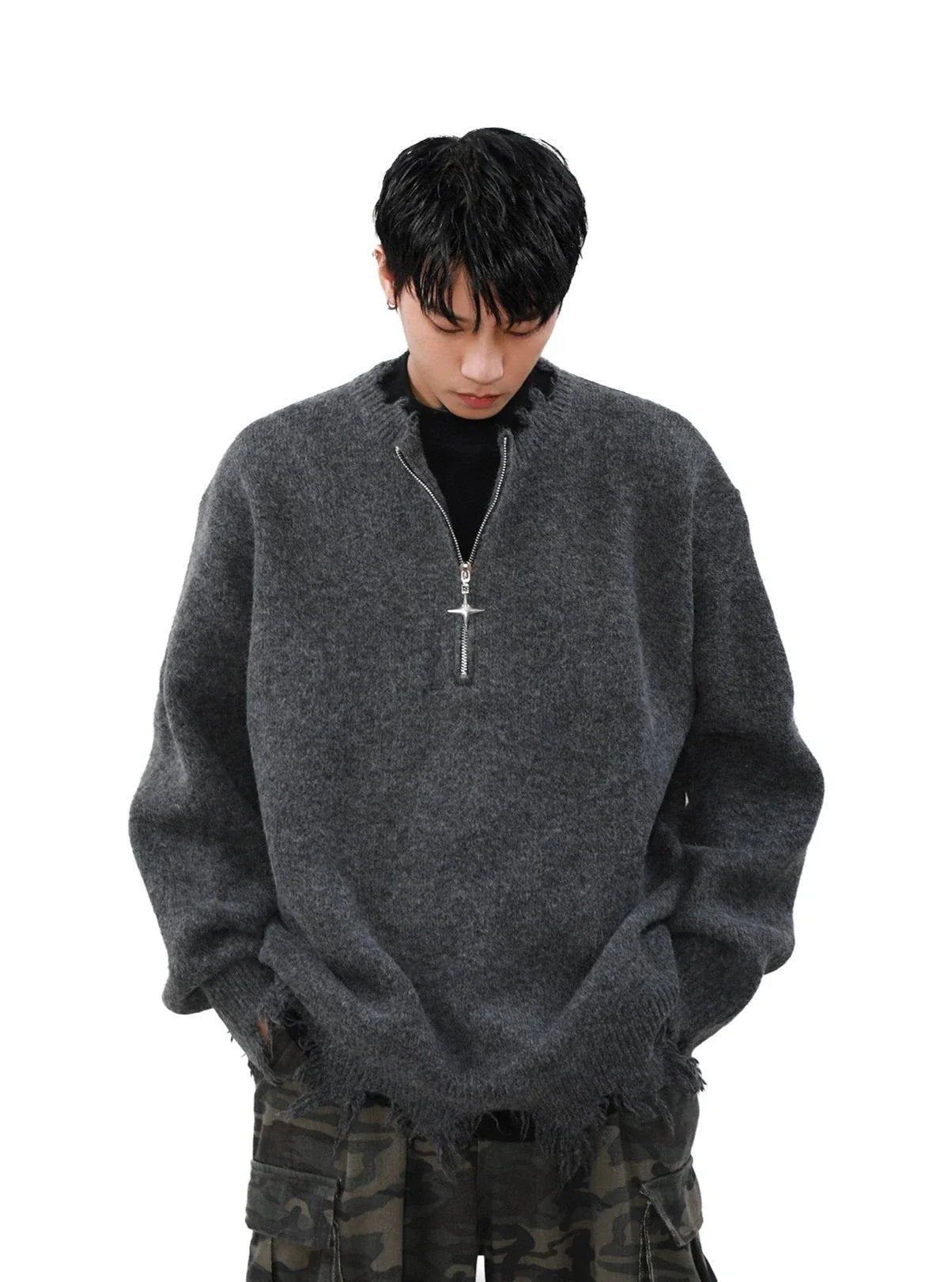 Cross Zipper Half-zip Distressed Sweater