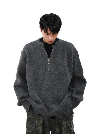 Cross Zipper Half-zip Distressed Sweater