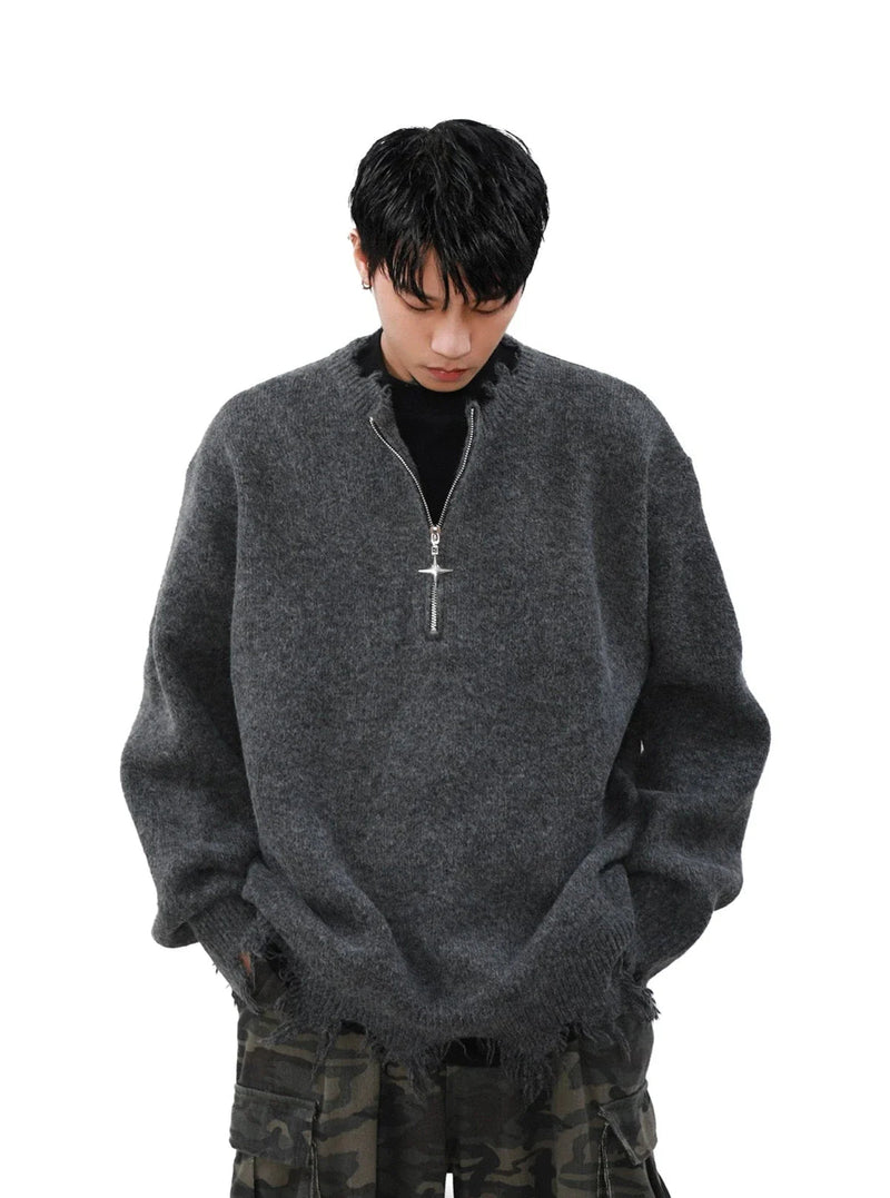 Cross Zipper Half-zip Distressed Sweater