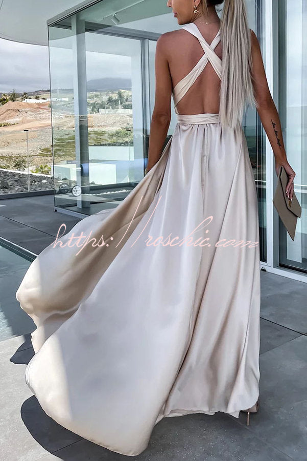Different Effects Satin Free Tie Neck Slit Maxi Dress