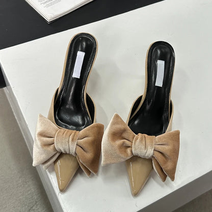 Liyke Designer Butterfly Knot Pumps Slippers – Pointed Toe Thin Heels Wedding Banquet Dress Mule Shoes