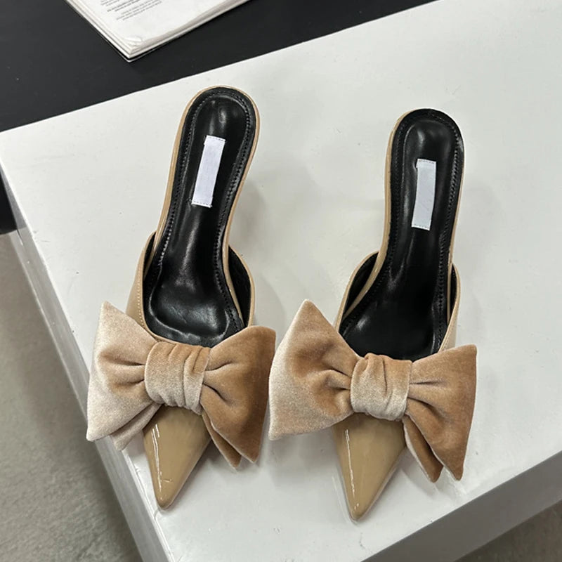 Liyke Designer Butterfly Knot Pumps Slippers – Pointed Toe Thin Heels Wedding Banquet Dress Mule Shoes