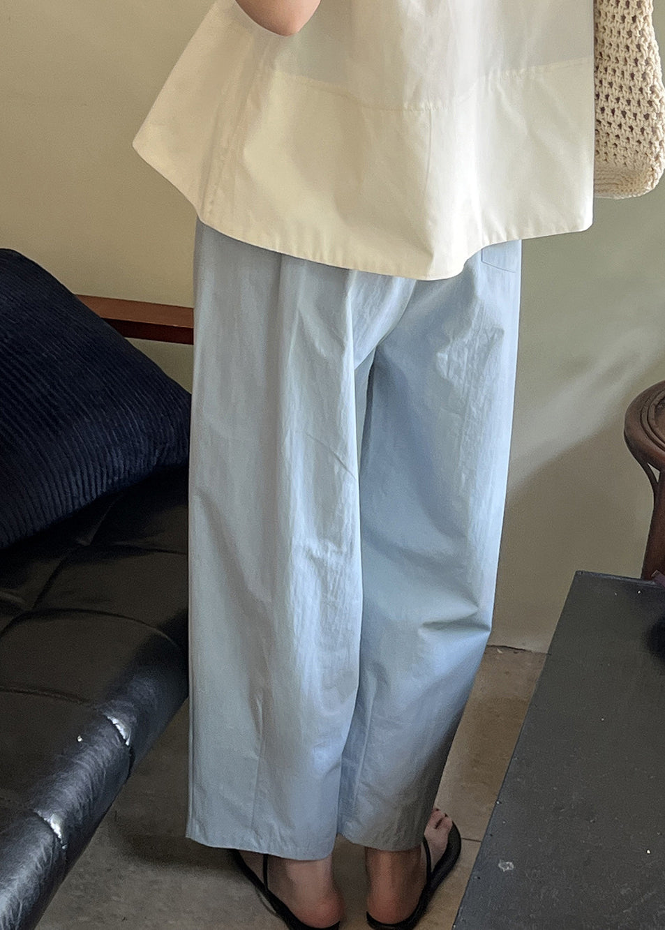 Blue Summer Pants Loose Cotton Elastic Crop Waist