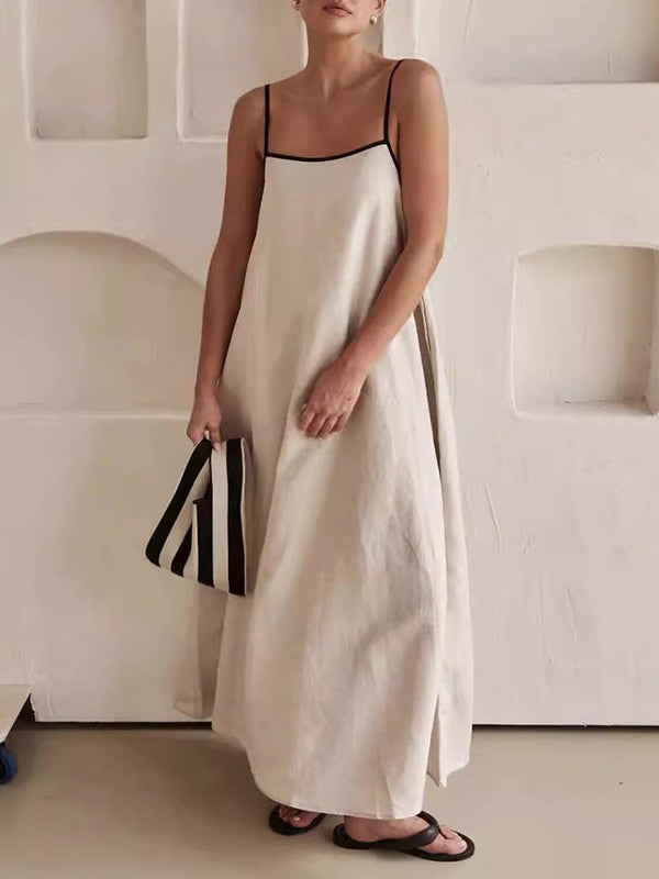 A-line Loose Split-joint Spaghetti-neck Maxi Dresses