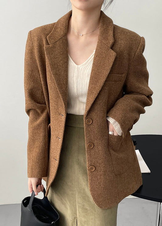Boutique Caramel Brown Notched Pockets Button Woolen Coat Fall Wd008