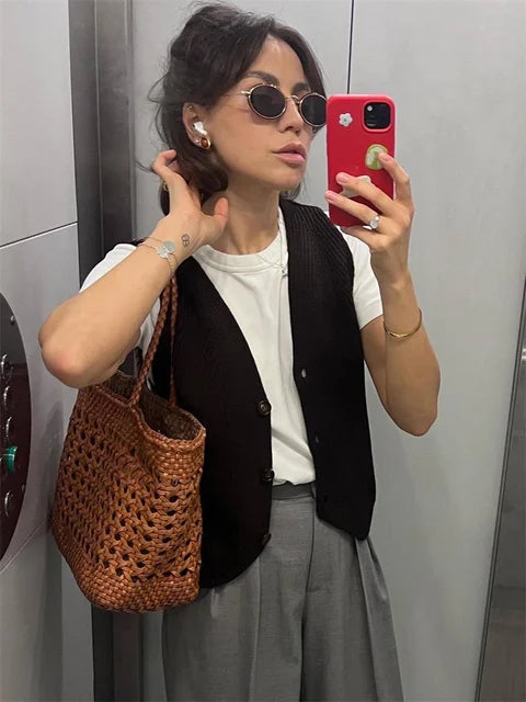 Knit Ribbed Vest Cardigan for Slim V-neck Sleeveless High Waist Outwear Female Loose Knit Vest Sweater