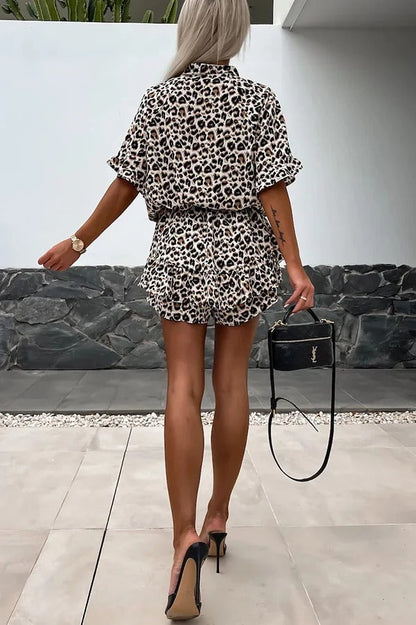 Leopard Print V-neck Short Sleeve Elastic Waist Rompers