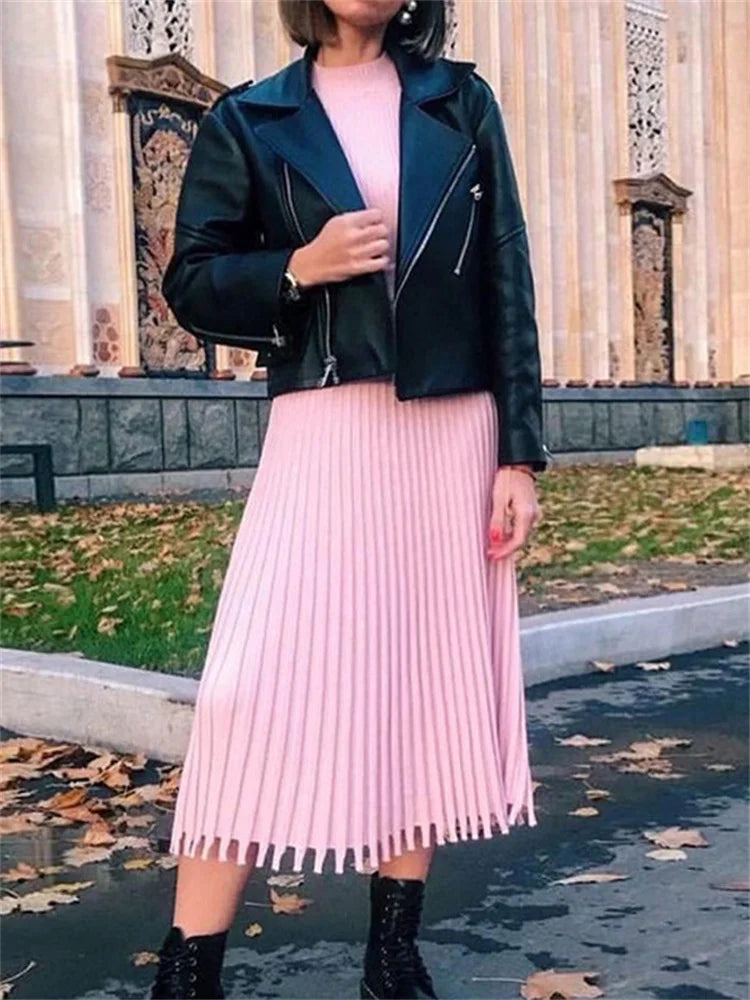 Ribbed Pleated Knit Dress Loose Patchwork Long Sleeve Dress High Waist Knitwear Female Autumn Maxi Dress New