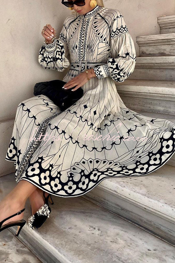Perfect for Spring Linen Blend Print Button Balloon Sleeve Belted Shirt Midi Dress