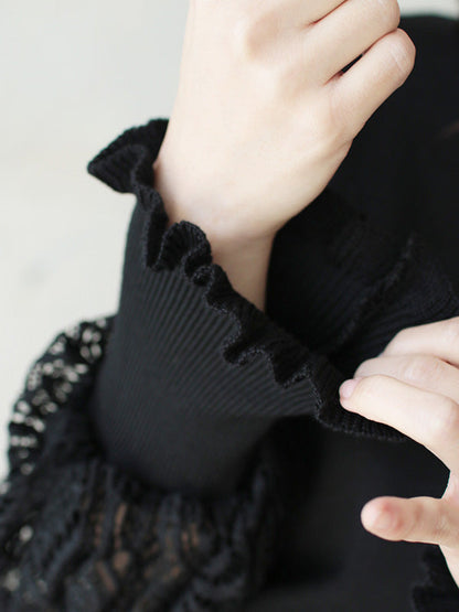 Tempermant Black Round-neck Patchwork Hollow Lace Long Puff Sleeves Sweater Qx011