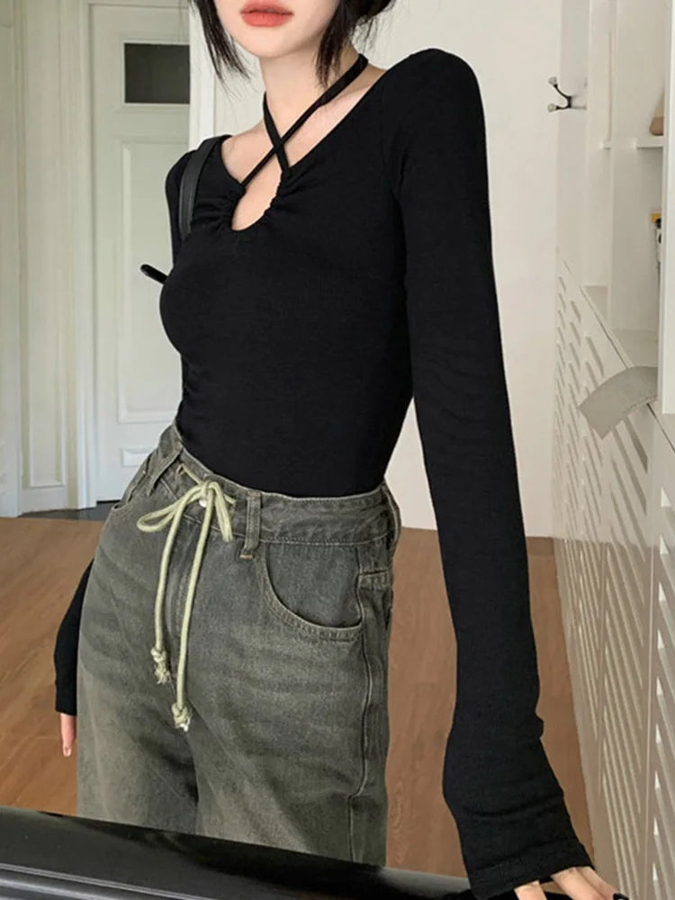 Autumn Korean Y2k T-shirt Woman Japanese�halter Bandage V-neck Skinny Long Sleeve Autum Tee Shirt Tshirt Tops