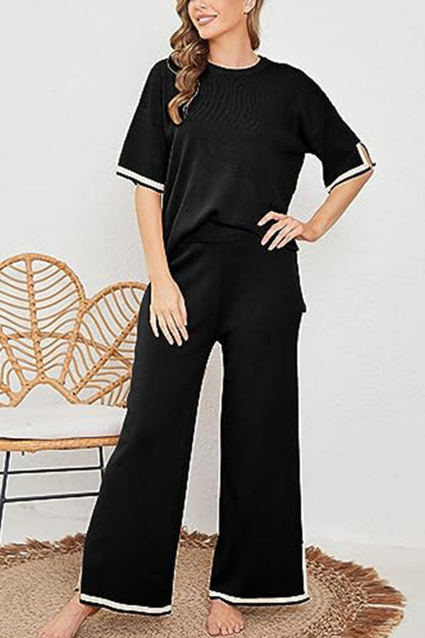 Lounge or Wear Knit Patchwork Color Block Short Sleeve Top and Elastic Wide Leg Pants