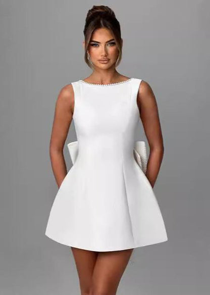 Pearl-trimmed Bow Back Mini Dress - Elegance