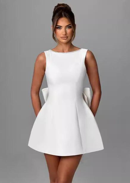 Pearl-trimmed Bow Back Mini Dress - Elegance