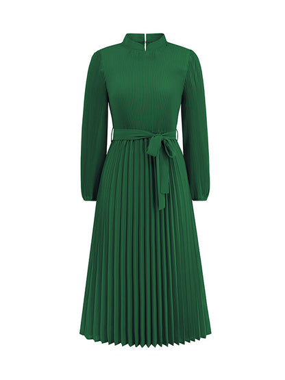 Bishop Sleeve High Waisted Hollow Pleated Color Tied Waist Mock Neck Midi Dresses