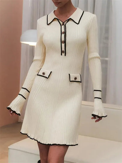 Lapel Contrast Mini Dress High Waist Autumn Ribbed Patchwork Long Sleeve Dress Ruffled Knit Dress