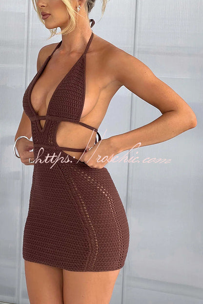 Effortlessly Cool and Knit Crochet Cutout Halter Tie-up Stretch Mini Dress